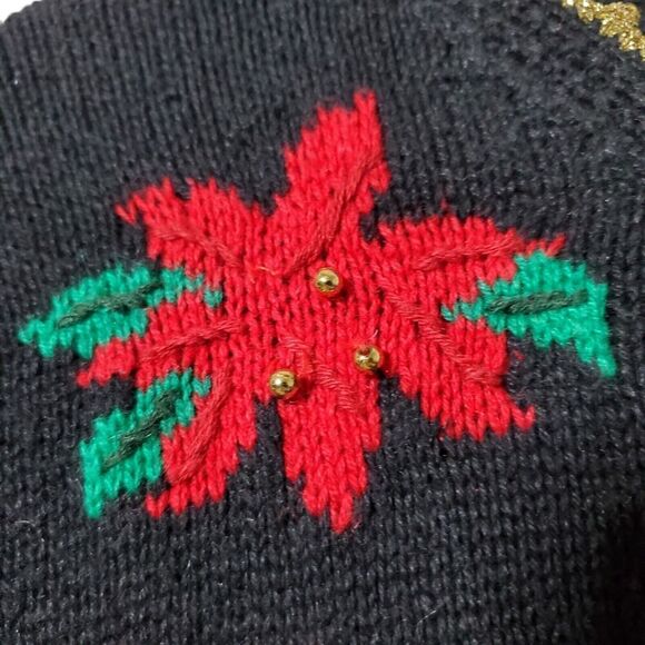 Vintage Holiday Cardigan Sweater Size M Winter Poinsettia Hand Knit Womens - Picture 7 of 14